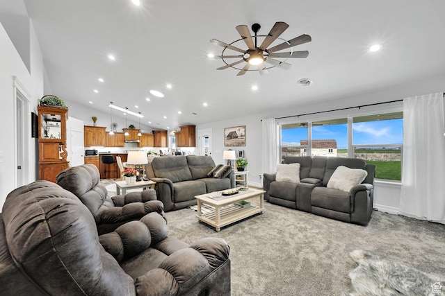 4990 W 12000 N, Tremonton, UT 84337 - carpeted living room featuring recessed lighting, lofted ceiling, a ceiling fan, and baseboards