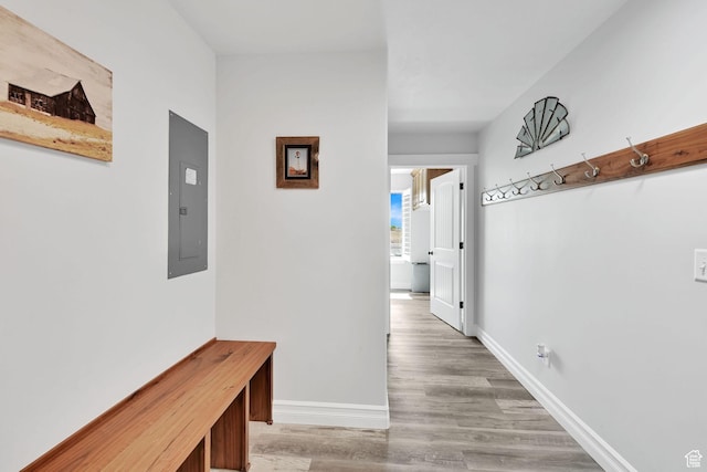 4990 W 12000 N, Tremonton, UT 84337 - corridor with baseboards, electric panel, and light wood-type flooring