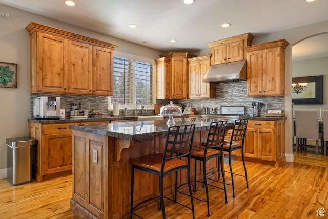 kitchen with decorative backsplash, under cabinet range hood, recessed lighting, and light wood-style floors