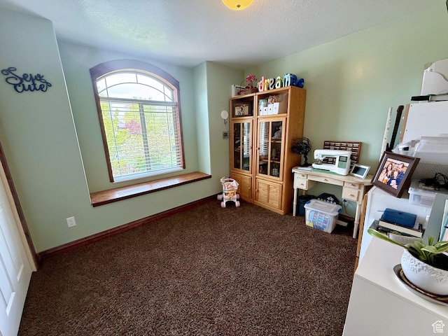 office area with a textured ceiling and dark colored carpet