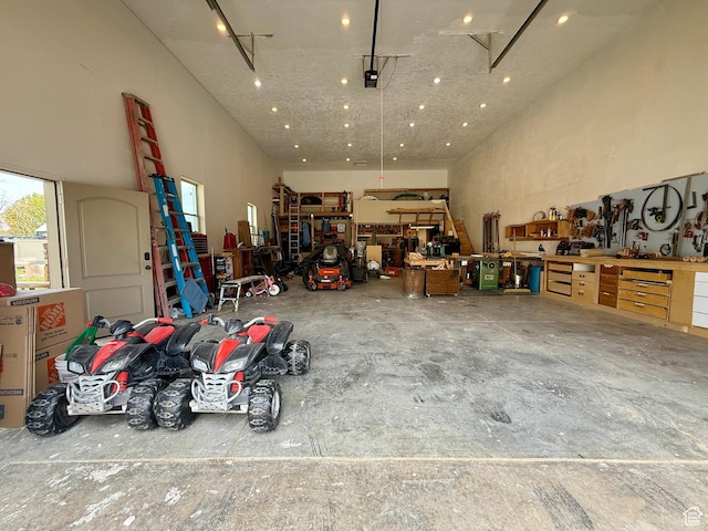 garage with a workshop area