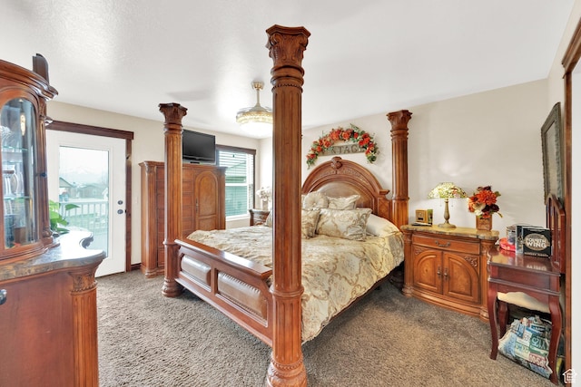 bedroom featuring access to exterior and carpet flooring