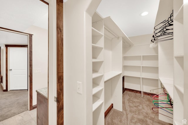 walk in closet with light carpet