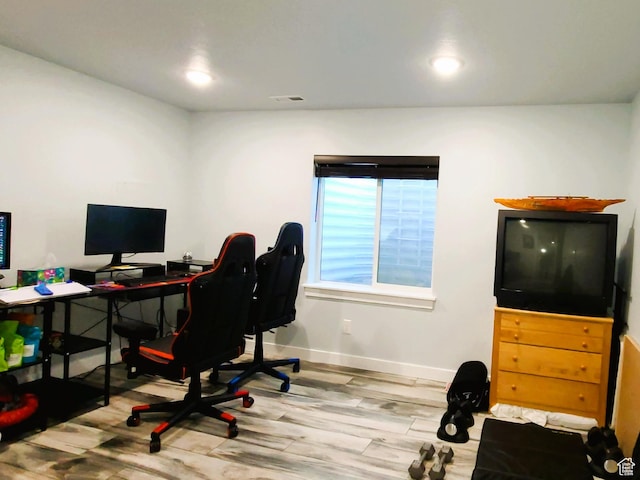 office with recessed lighting, wood finished floors, visible vents, and baseboards