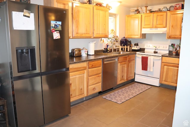715 Oak Dr, Brigham City, UT 84302 - kitchen featuring light brown cabinets, dark countertops, a sink, appliances with stainless steel finishes, and under cabinet range hood