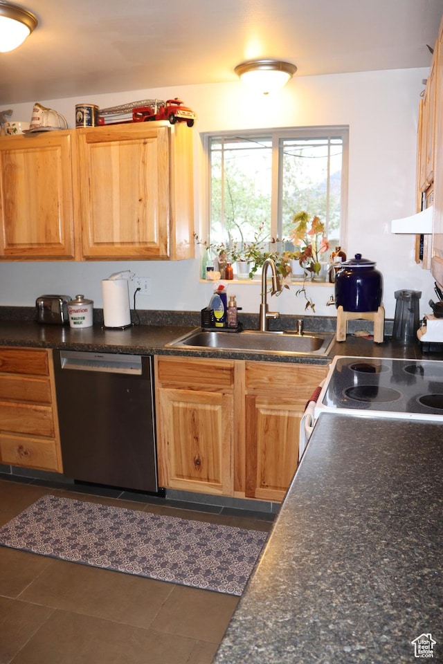 715 Oak Dr, Brigham City, UT 84302 - kitchen with dark countertops, dishwasher, exhaust hood, and a sink