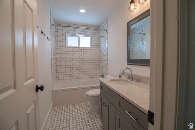 full bathroom with shower / bathing tub combination, vanity, recessed lighting, and toilet