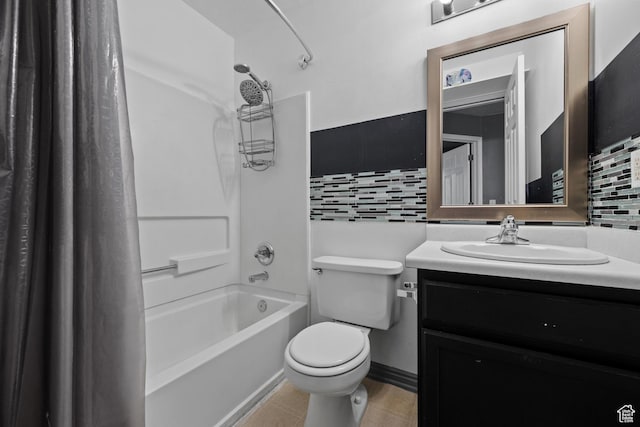 718 N 410 W, Tooele, UT 84074 - full bathroom with toilet, vanity, decorative backsplash, and shower / bathtub combination with curtain