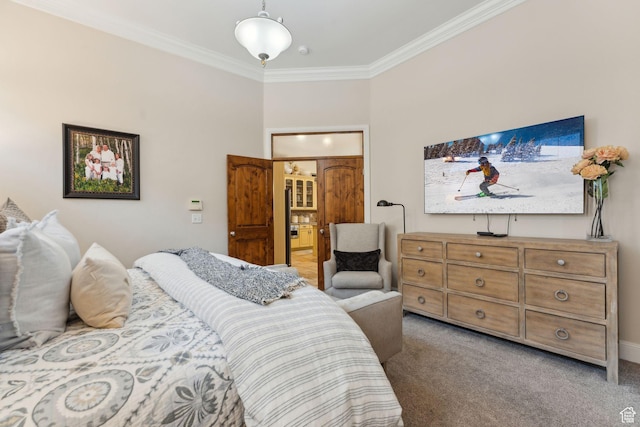 bedroom featuring carpet floors and ornamental molding