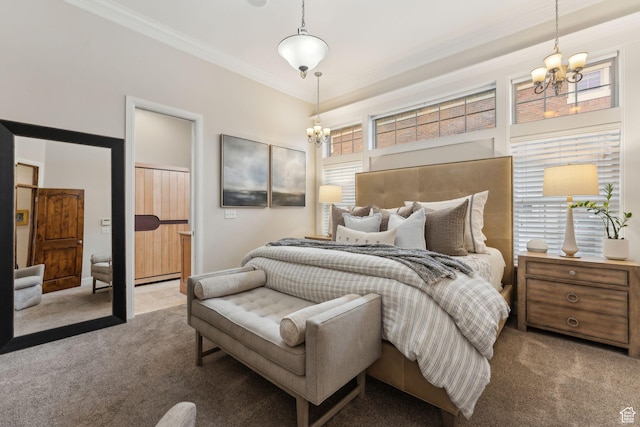 carpeted bedroom with a baseboard heating unit, an inviting chandelier, and crown molding