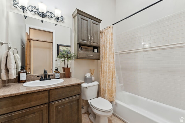 full bath with shower / tub combo, toilet, and vanity