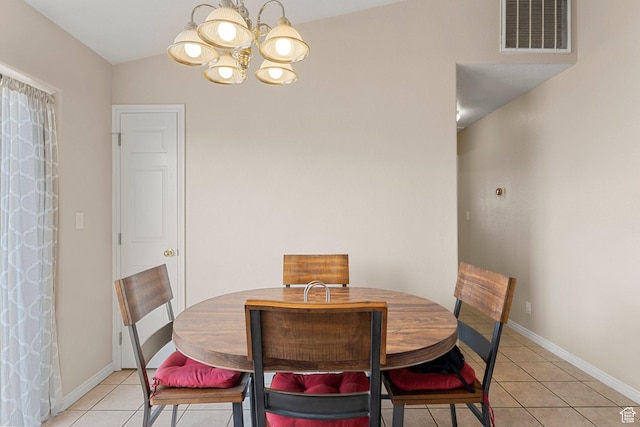 dining room featuring baseboards, a notable chandelier, visible vents, and light tile patterned floors
