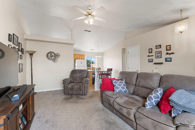 living room featuring a ceiling fan, light carpet, baseboards, lofted ceiling, and visible vents