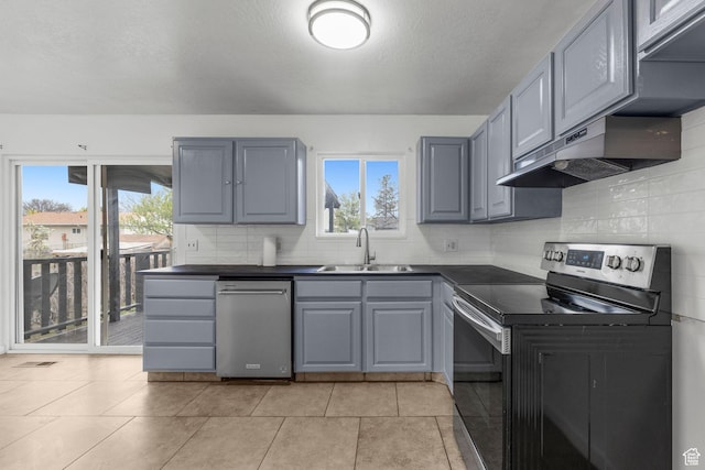 kitchen with plenty of natural light, under cabinet range hood, stainless steel appliances, dark countertops, and a sink
