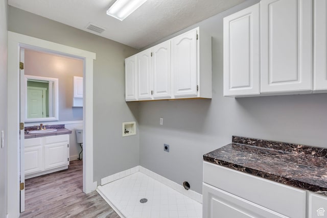253 Ridge Rd, Orem, UT 84057 - clothes washing area featuring a sink, light wood-style floors, hookup for a washing machine, cabinet space, and electric dryer hookup
