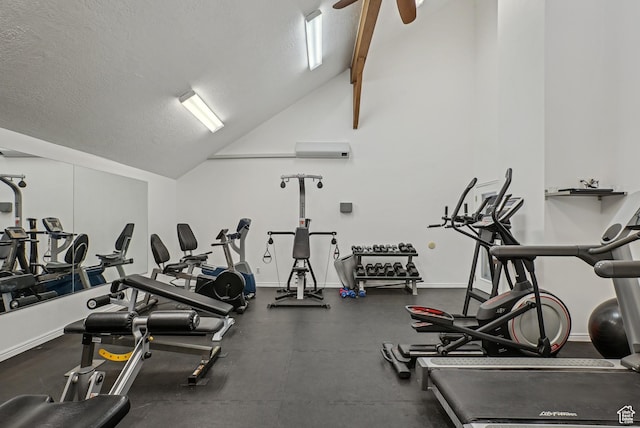 workout area with a wall mounted AC, vaulted ceiling, a textured ceiling, and baseboards