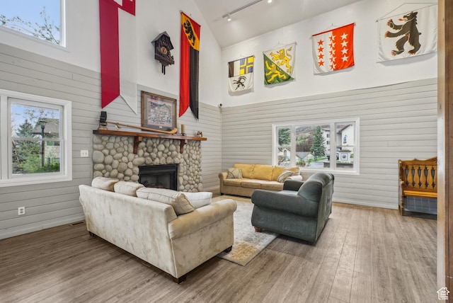 living area with a fireplace, track lighting, wood finished floors, and high vaulted ceiling