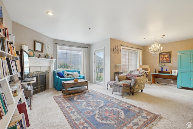 interior space with light colored carpet and a notable chandelier