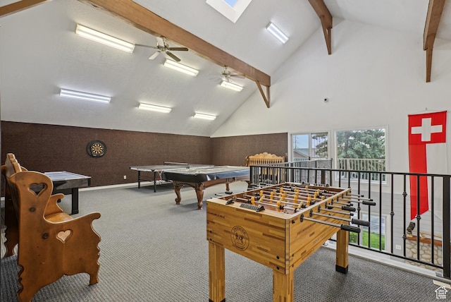 game room with carpet floors, a ceiling fan, vaulted ceiling with beams, and billiards