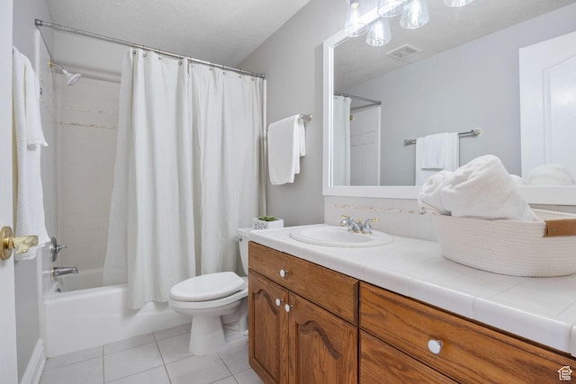 bathroom featuring vanity, shower / bath combination with curtain, toilet, tile patterned flooring, and visible vents