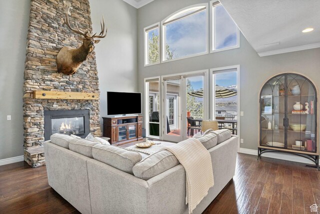 living area with dark wood-style flooring, a towering ceiling, baseboards, a stone fireplace, and ornamental molding