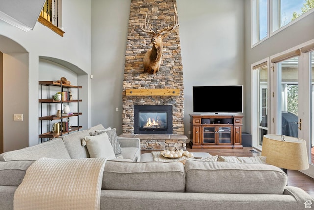 living area with wood finished floors, a high ceiling, and a fireplace