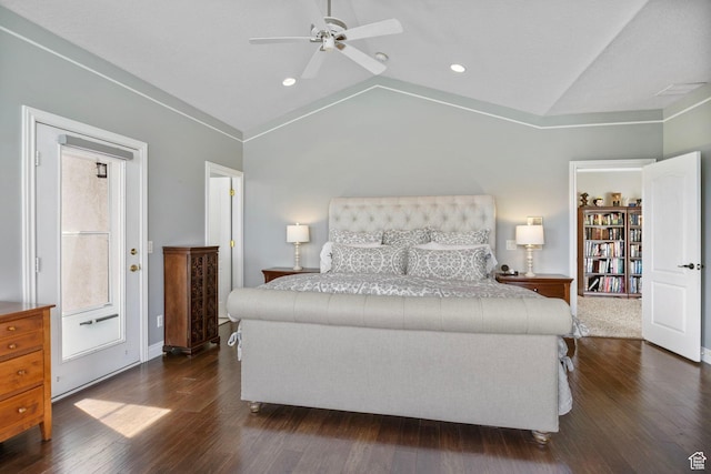 bedroom featuring recessed lighting, vaulted ceiling, a ceiling fan, and dark wood-style flooring