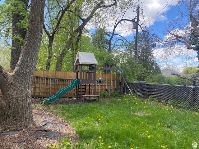 view of playground featuring a fenced backyard