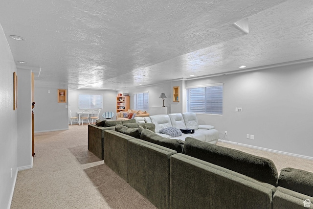 2838 N 1375 E, North Ogden, UT 84414 - living room featuring recessed lighting, baseboards, a textured ceiling, and light colored carpet