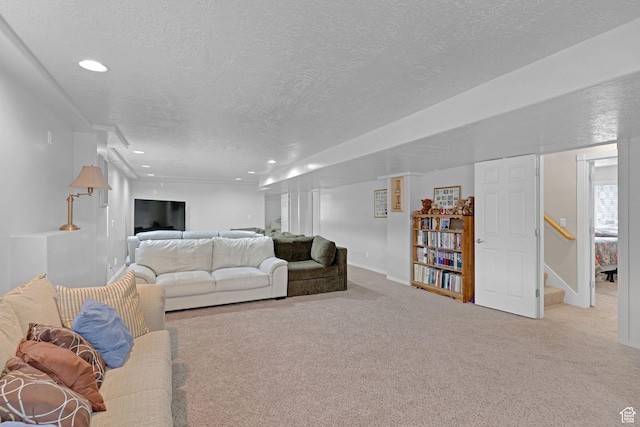 2838 N 1375 E, North Ogden, UT 84414 - living room featuring baseboards, carpet flooring, a textured ceiling, and recessed lighting