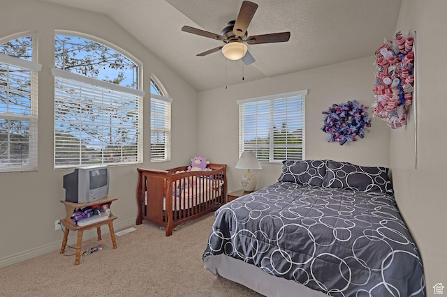 2838 N 1375 E, North Ogden, UT 84414 - carpeted bedroom featuring baseboards, vaulted ceiling, ceiling fan, and multiple windows