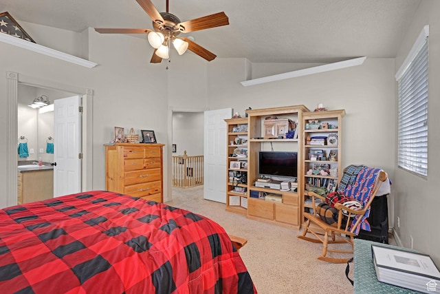 2838 N 1375 E, North Ogden, UT 84414 - carpeted bedroom with lofted ceiling, a ceiling fan, and ensuite bathroom
