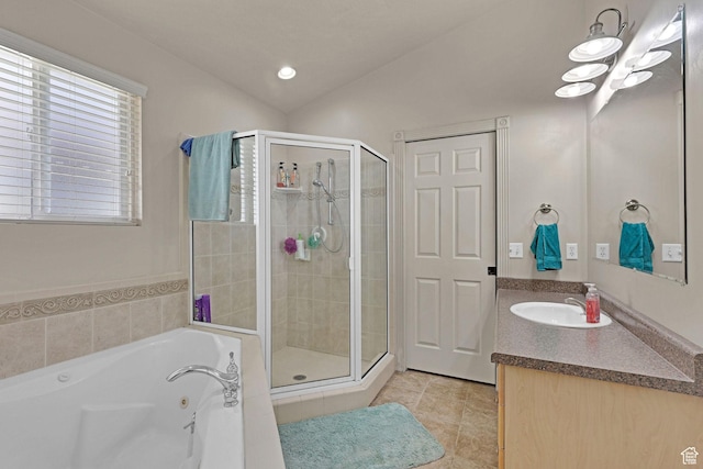 2838 N 1375 E, North Ogden, UT 84414 - bathroom featuring vanity, tile patterned flooring, a stall shower, and a tub with jets