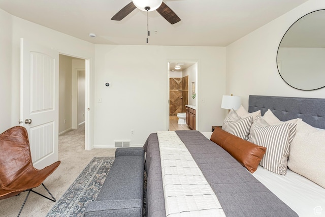 917 W Willow Bend Way, Farmington, UT 84025 - bedroom featuring visible vents, light carpet, ensuite bath, baseboards, and ceiling fan