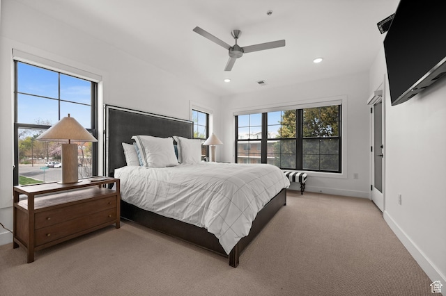 bedroom with recessed lighting, carpet, visible vents, baseboards, and ceiling fan