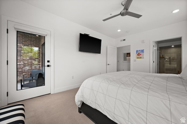 carpeted bedroom featuring a ceiling fan, baseboards, access to exterior, visible vents, and recessed lighting