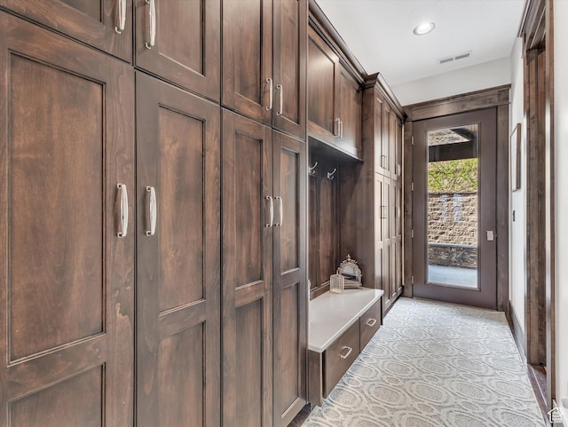15146 S Secret Canyon Cir, Herriman, UT 84096 - mudroom with light colored carpet, visible vents, and recessed lighting