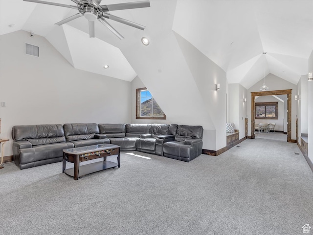 15146 S Secret Canyon Cir, Herriman, UT 84096 - living room featuring vaulted ceiling, a ceiling fan, visible vents, and carpet