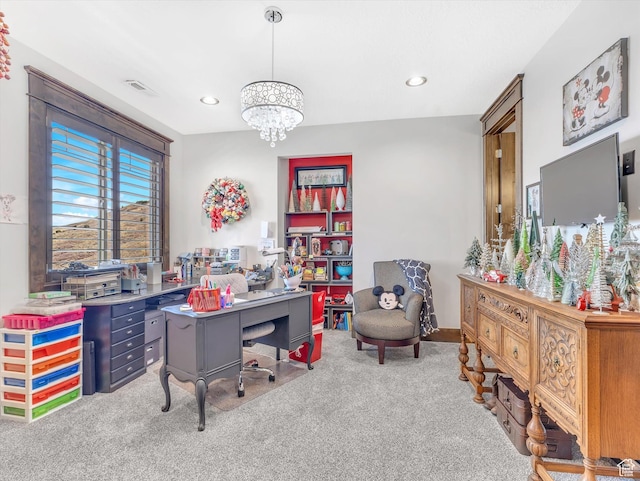 15146 S Secret Canyon Cir, Herriman, UT 84096 - home office featuring recessed lighting, carpet floors, visible vents, and an inviting chandelier