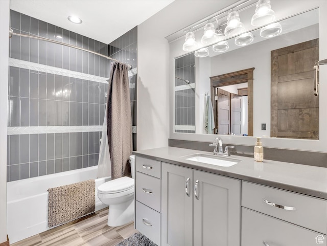15146 S Secret Canyon Cir, Herriman, UT 84096 - bathroom with wood finished floors, toilet, vanity, and shower / bathtub combination with curtain