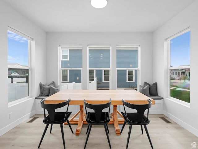 dining space featuring plenty of natural light, light wood-style floors, and baseboards