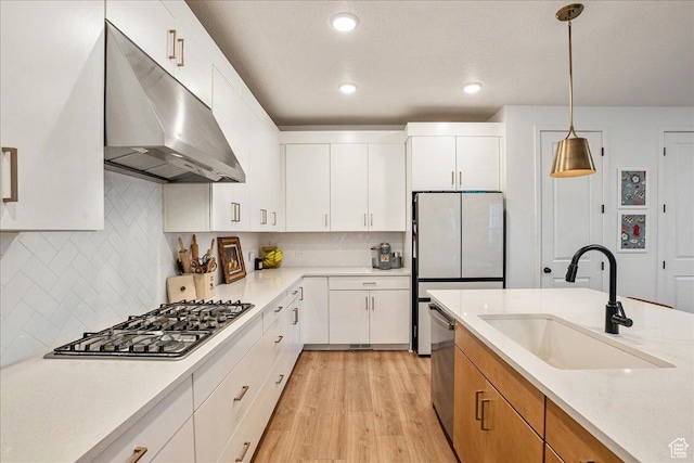 kitchen featuring light wood finished floors, stainless steel appliances, under cabinet range hood, a sink, and pendant lighting
