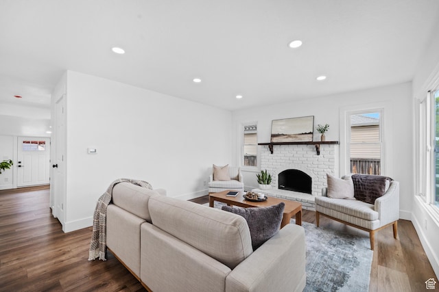 1131 W Simondi Ave N, Salt Lake City, UT 84116 - living room with baseboards, a fireplace, recessed lighting, and dark wood-style flooring