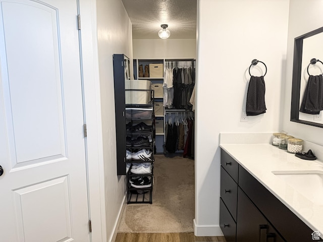 bathroom featuring a spacious closet, wood finished floors, vanity, and baseboards