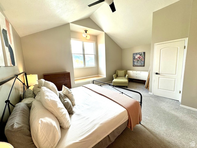 977 S Via La Costa Way, Kaysville, UT 84037 - bedroom with vaulted ceiling, baseboards, a textured ceiling, carpet flooring, and ceiling fan