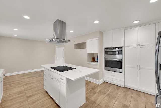 1936 E La Cresta Dr, Cottonwood Heights, UT 84121 - kitchen with a center island, recessed lighting, white cabinetry, island range hood, and black appliances