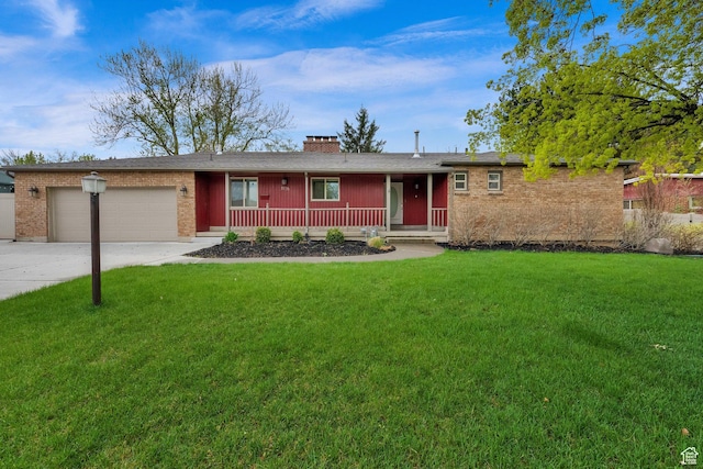 1936 E La Cresta Dr, Cottonwood Heights, UT 84121 - ranch-style house featuring a chimney, concrete driveway, covered porch, a front yard, and a garage