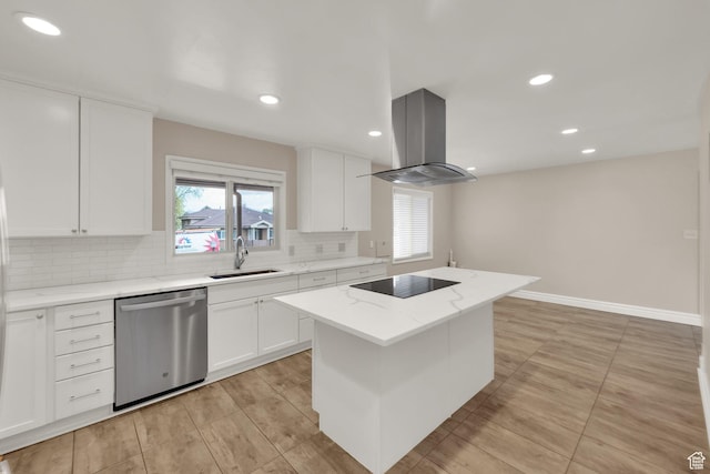 1936 E La Cresta Dr, Cottonwood Heights, UT 84121 - kitchen featuring a sink, tasteful backsplash, island range hood, black electric stovetop, and dishwasher