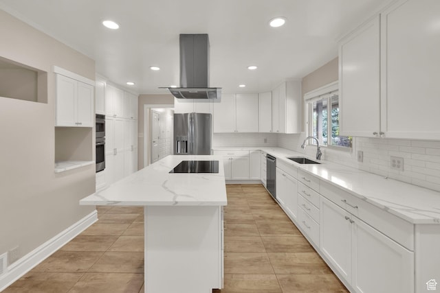 1936 E La Cresta Dr, Cottonwood Heights, UT 84121 - kitchen featuring stainless steel appliances, a center island, a sink, island range hood, and decorative backsplash