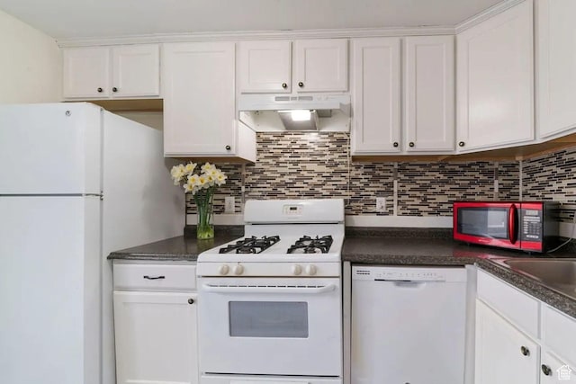 1465 W Arthur Dr, Provo, UT 84601 - kitchen featuring dark countertops, white cabinets, white appliances, backsplash, and under cabinet range hood